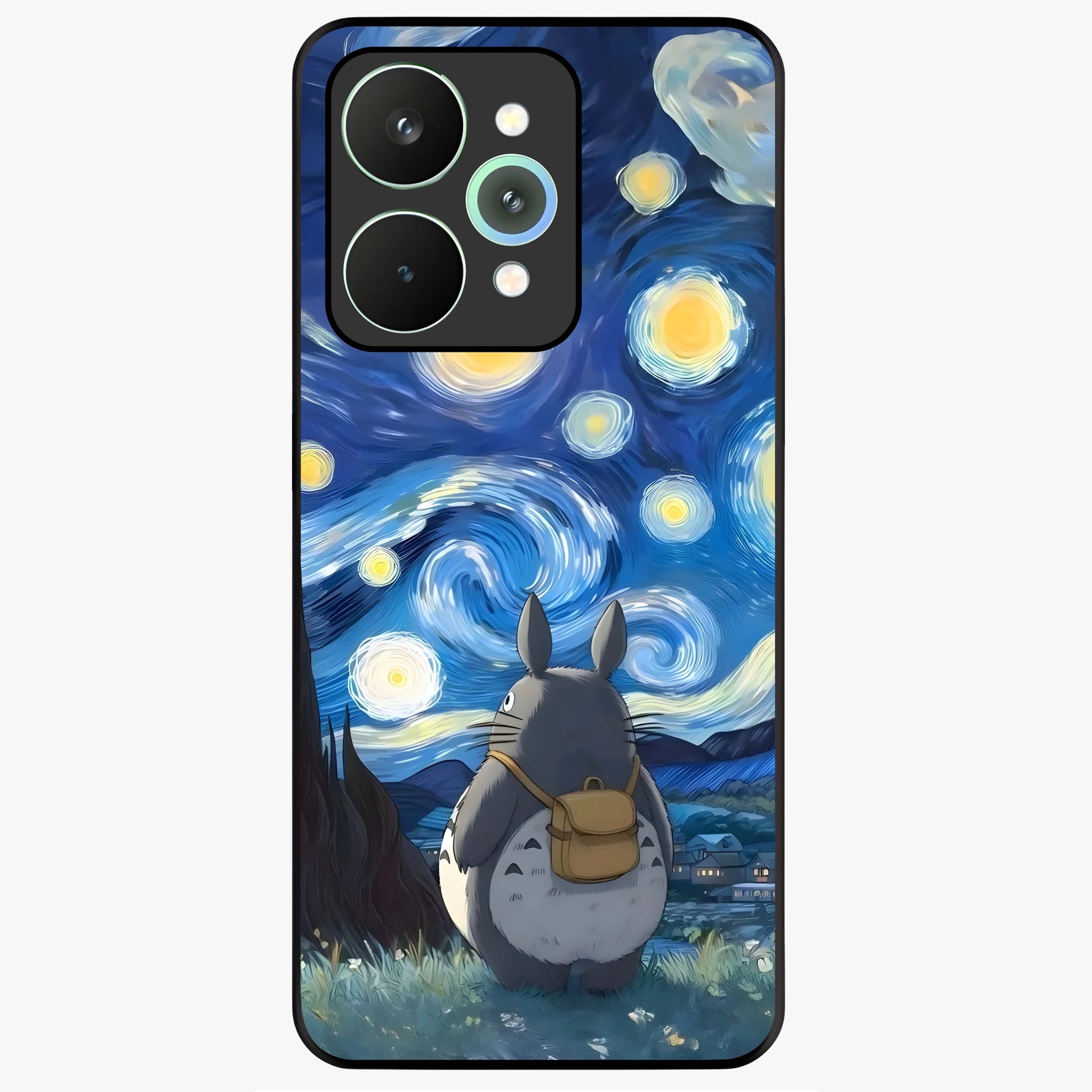 Totoro In Van Gogh Art Glass Case showing flat back view with whimsical character artwork inspired by Van Gogh style and glossy glass finish.