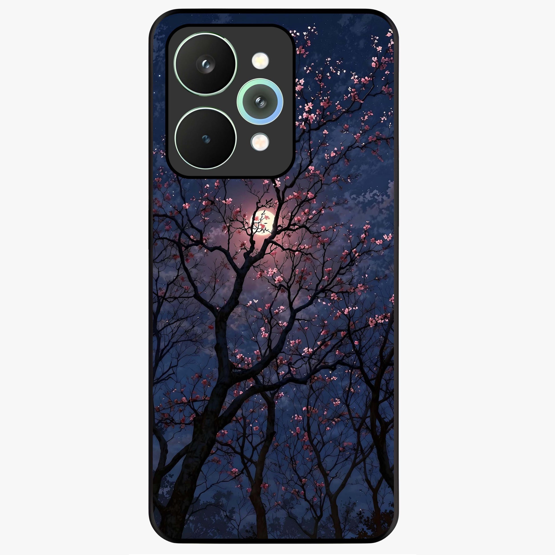 Twilight Sakura Serenade Glass Case showing flat back view with cherry blossom artwork at twilight and glossy glass finish.
