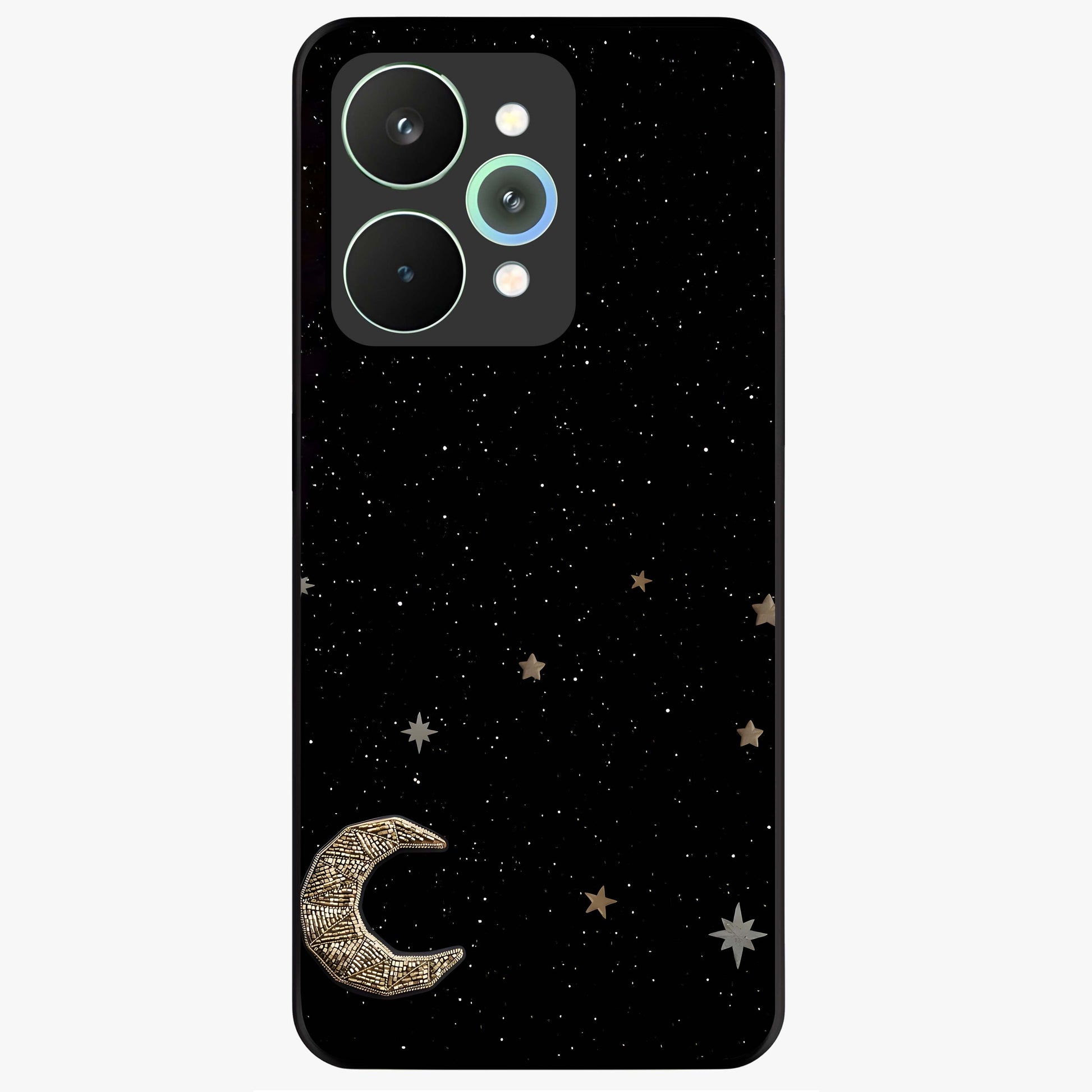 Twinkle Star With Half Moon Glass Case showing flat back view with star and half moon artwork and glossy glass finish.