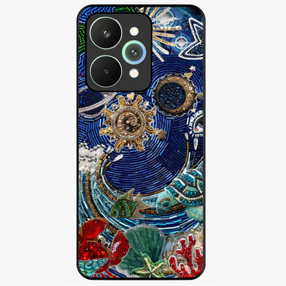 Universe Underwater Spark Glass Case showing flat back view with cosmic underwater themed artwork and glossy glass finish.