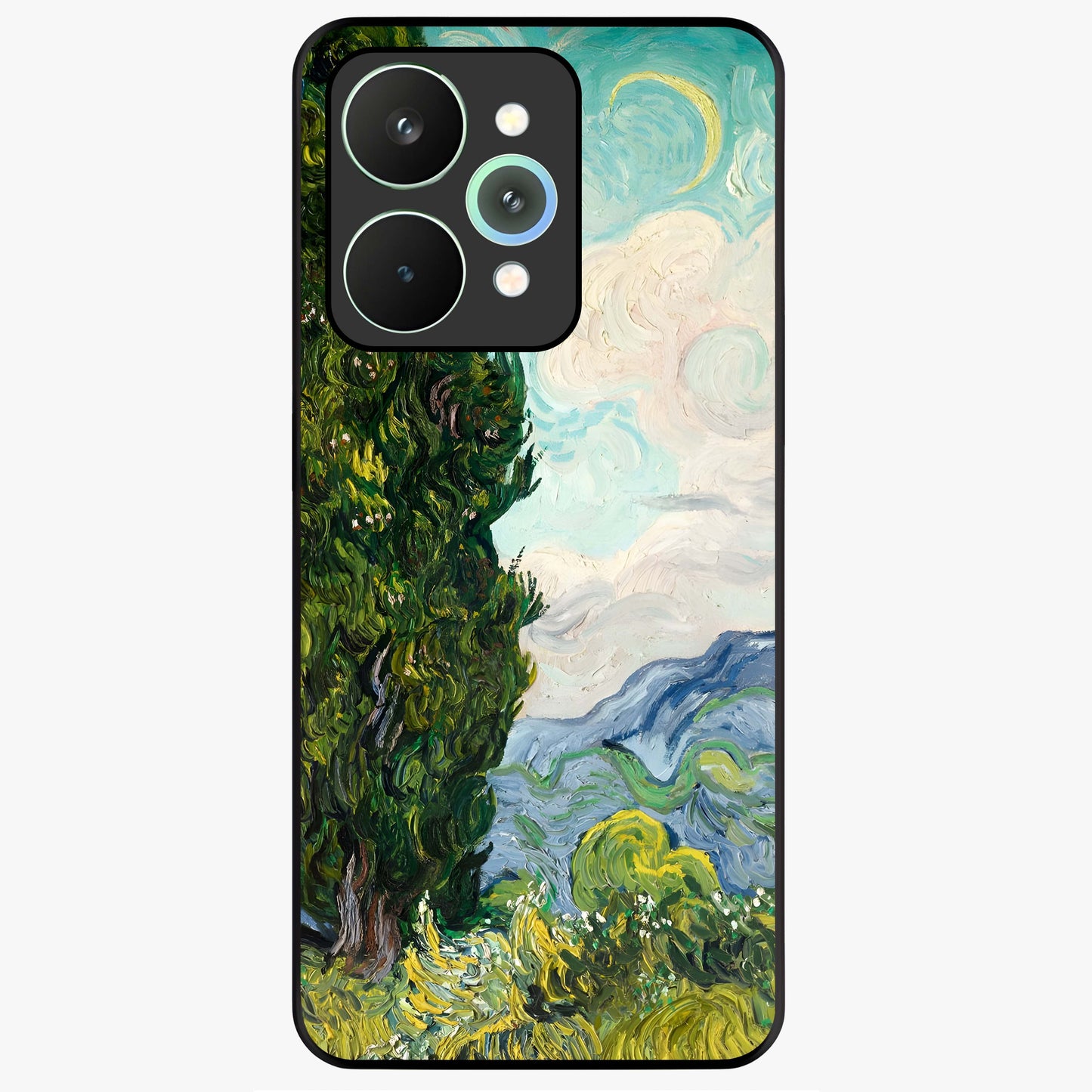 Van Gogh Vintage Art Glass Case showing flat back view with vintage painterly artwork inspired by Van Gogh style and glossy glass finish.