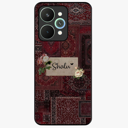 Velvet Wine Pattern Custom Name Glass Case showing flat back view with elegant wine colored pattern artwork and personalized name design.