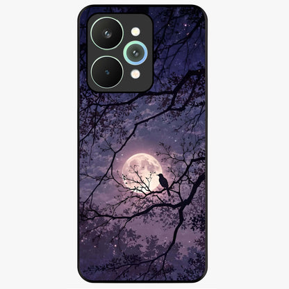 Whispering Moon Silence Glass Case showing flat back view with serene moon themed artwork and glossy glass finish.