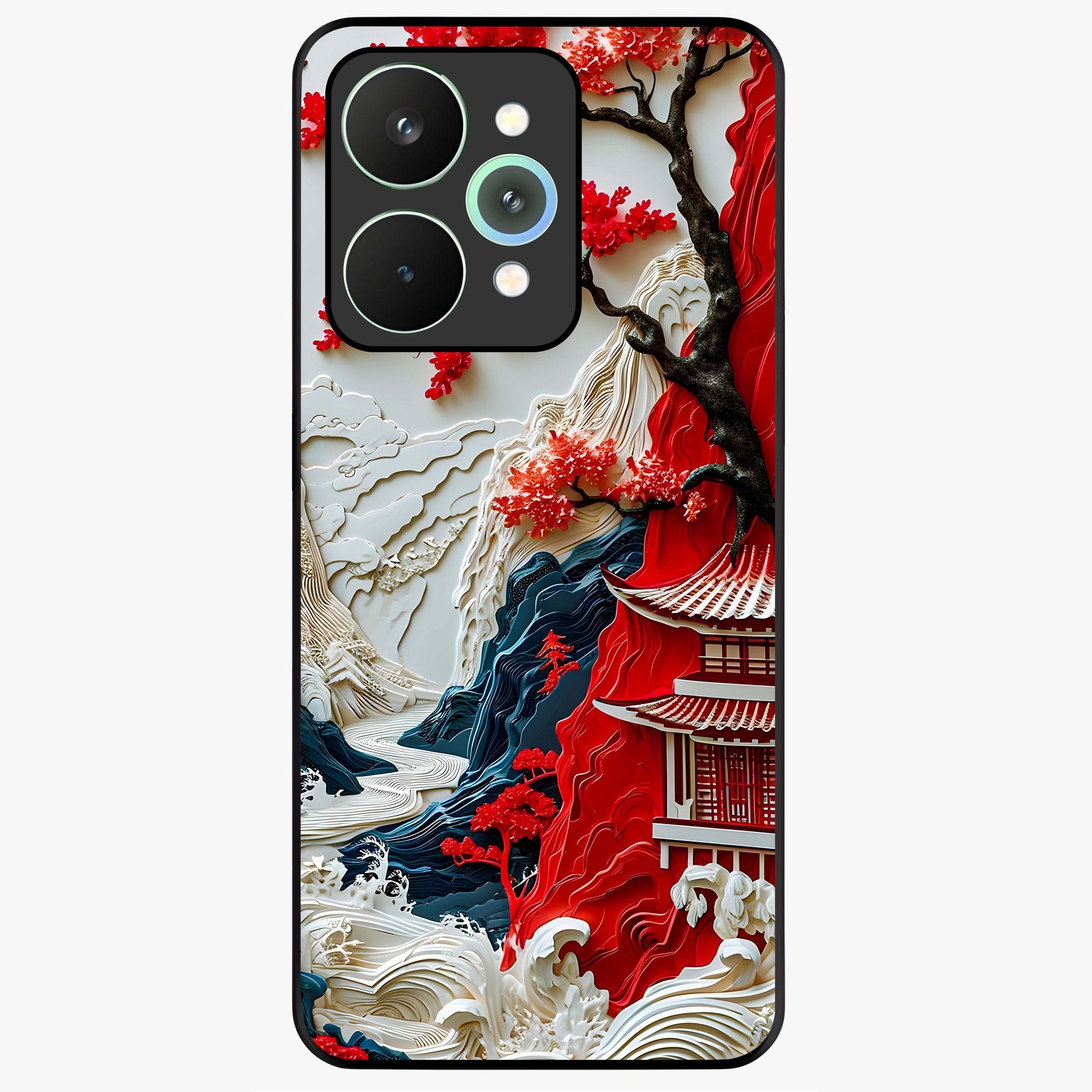 Whispers Of Sakura Waves Glass Case showing flat back view with cherry blossom wave artwork and glossy glass finish.