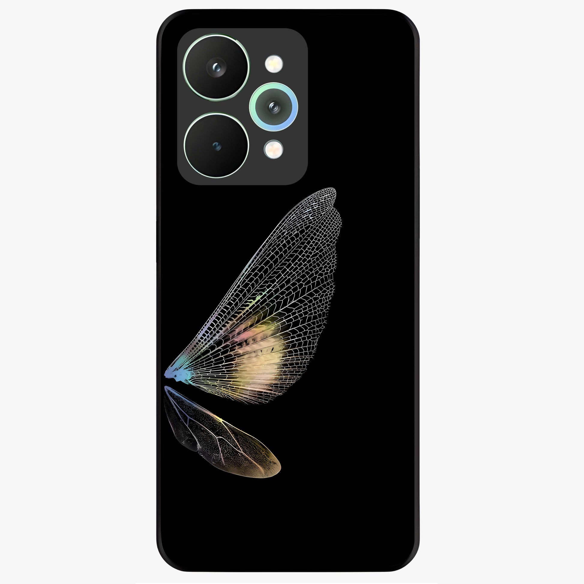 Whispers Of Wings Glass Case showing flat back view with graceful wing inspired artwork and glossy glass finish.