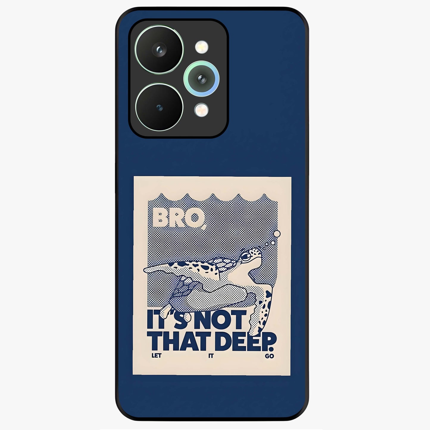 Worry Less Swim Glass Case showing flat back view with playful motivational artwork and glossy glass finish.