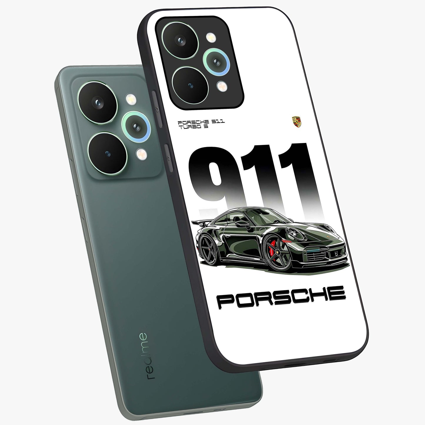 911 Turbo Dominance Glass Case displayed in premium angled mockup highlighting sporty car illustration and sleek glass surface.