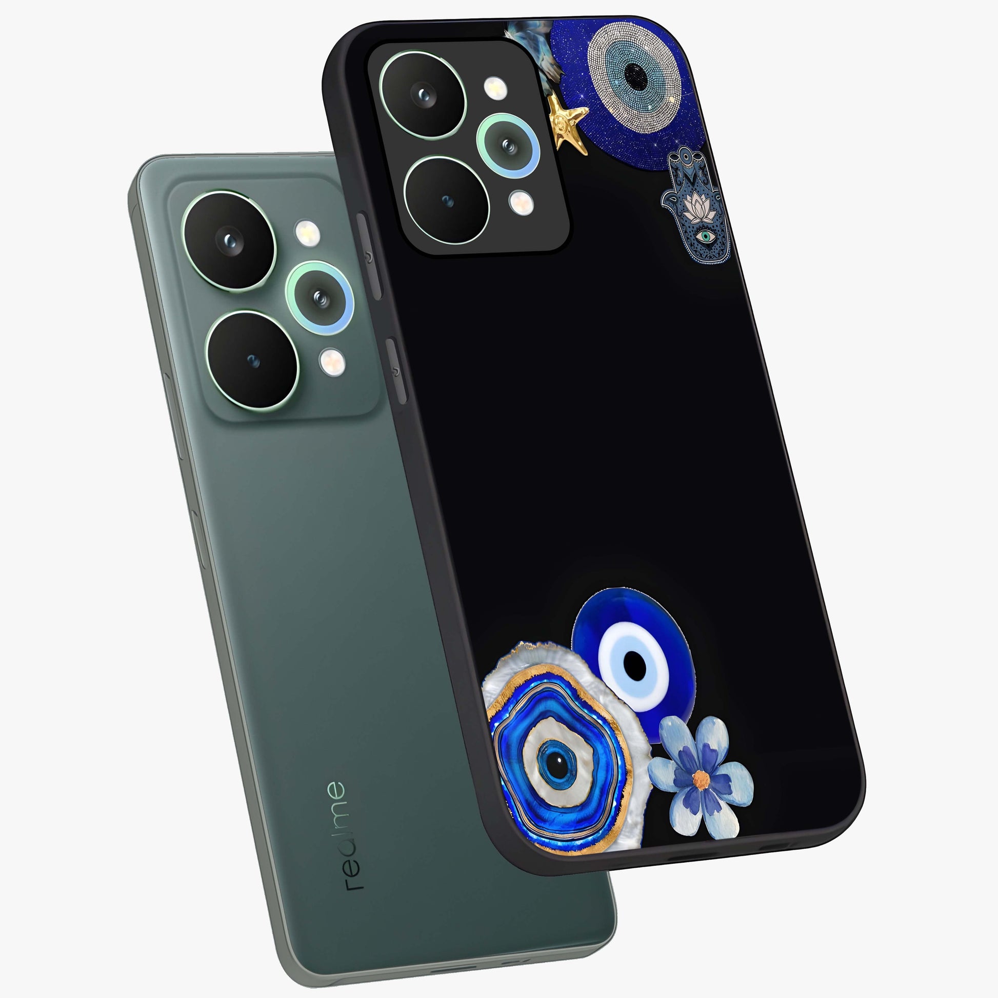 Aesthetic Blue Evil Eye Glass Case displayed in angled mockup highlighting blue evil eye symbol and spiritual aesthetic design.