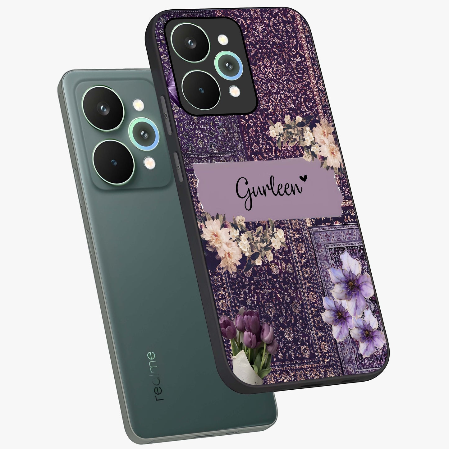 Antique Floral Whisper Custom Name Glass Case displayed in angled mockup highlighting elegant antique floral aesthetic.