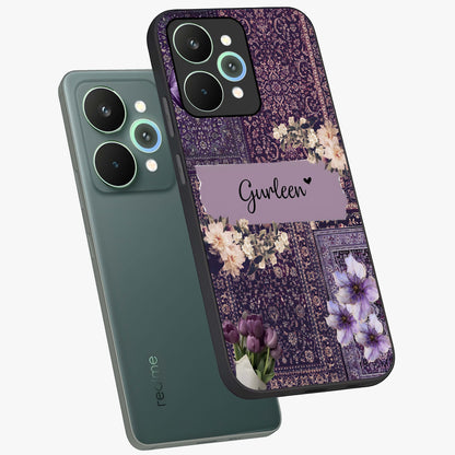 Antique Floral Whisper Custom Name Glass Case displayed in angled mockup highlighting elegant antique floral aesthetic.