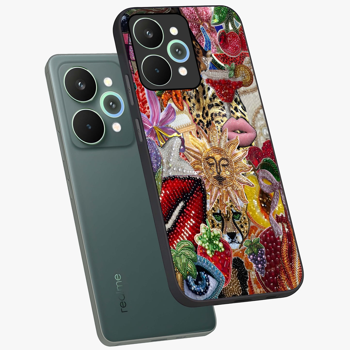 Beaded Fashion Jungle Glass Case displayed in angled mockup highlighting colorful fashion bead design and artistic pattern.