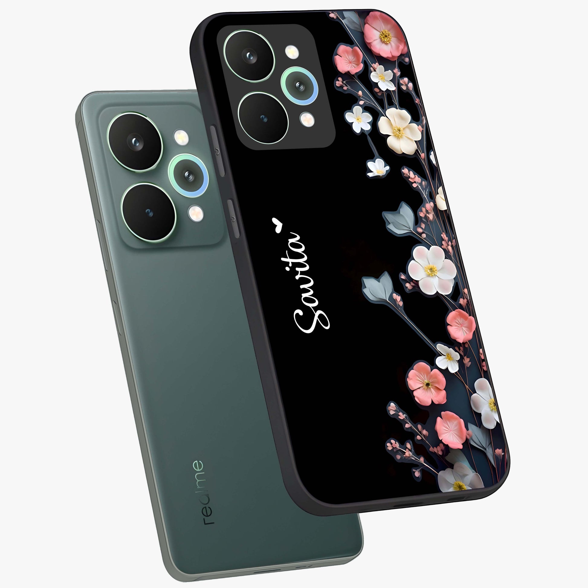 Black Elegance Floral Custom Name Glass Case displayed in angled mockup highlighting dark floral aesthetic and custom name feature.