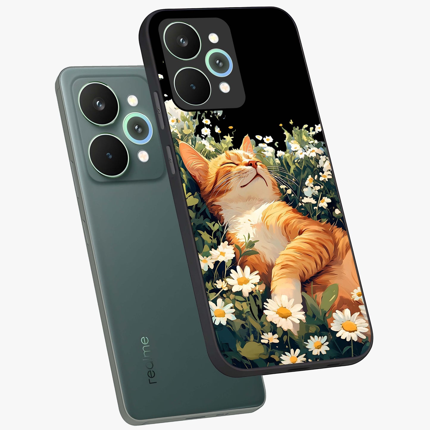 Blissful Bloom Cat Glass Case displayed in angled mockup highlighting playful feline illustration with soft floral aesthetic.