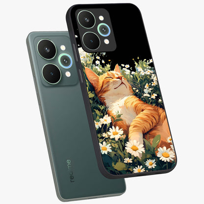 Blissful Bloom Cat Glass Case displayed in angled mockup highlighting playful feline illustration with soft floral aesthetic.