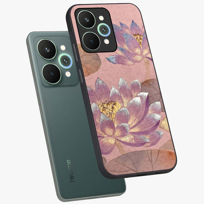 Blossom Mist Lotus Glass Case displayed in angled mockup highlighting delicate lotus illustration with calm aesthetic theme.