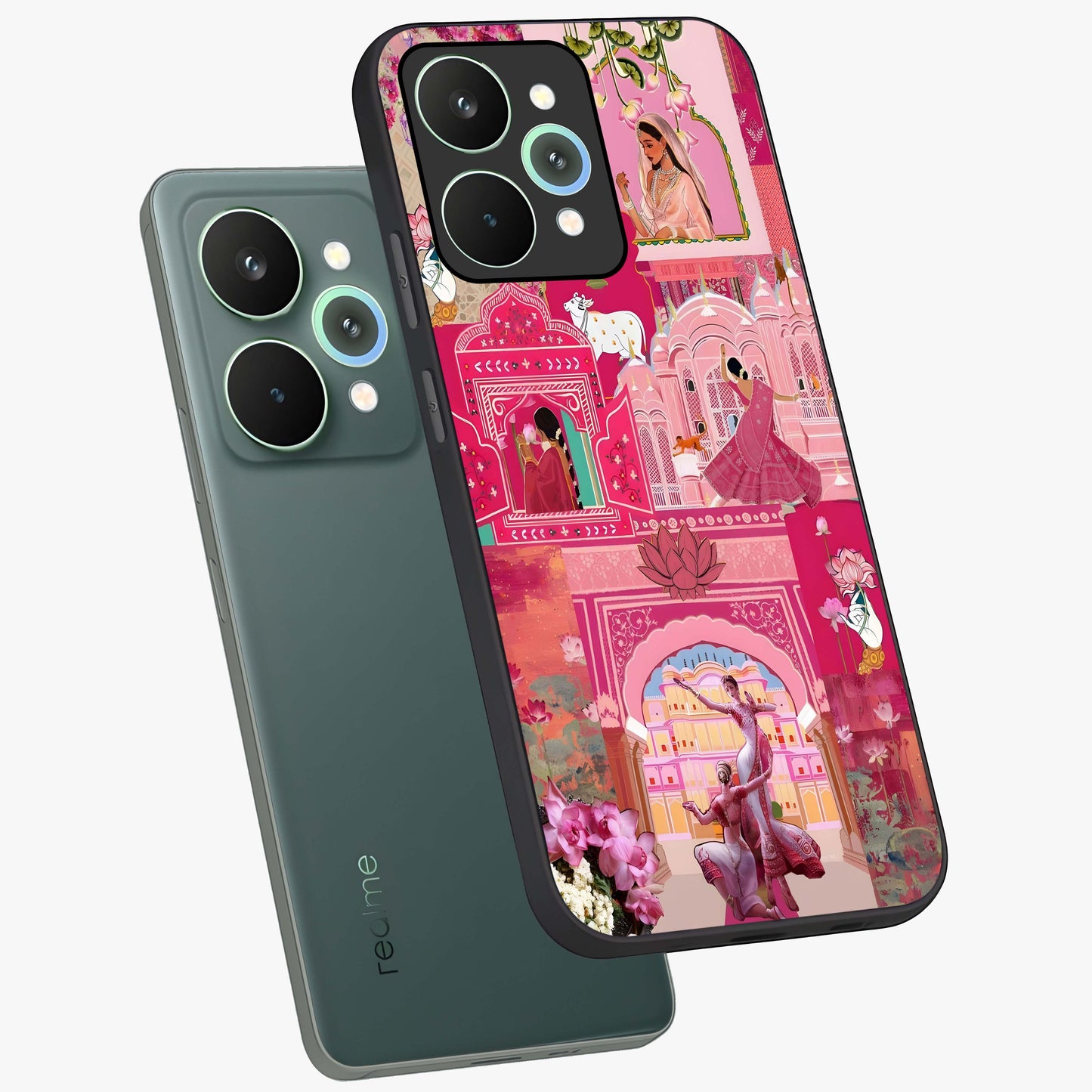 Blossoms of Rajasthan Glass Case displayed in angled mockup highlighting vibrant floral pattern with cultural aesthetic style.