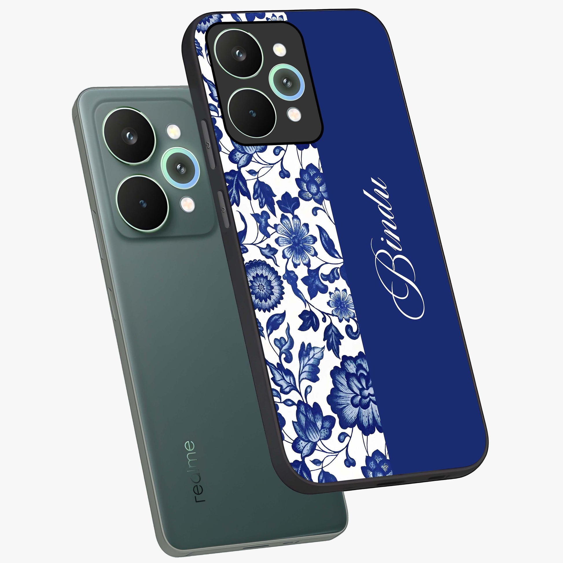 Blue Vintage Floral Pattern Glass Case displayed in angled mockup highlighting subtle bloom pattern with aesthetic pastel design.