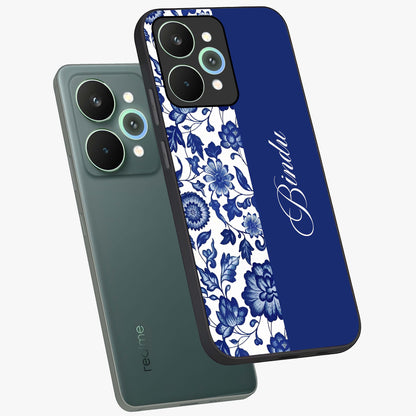 Blue Vintage Floral Pattern Glass Case displayed in angled mockup highlighting subtle bloom pattern with aesthetic pastel design.