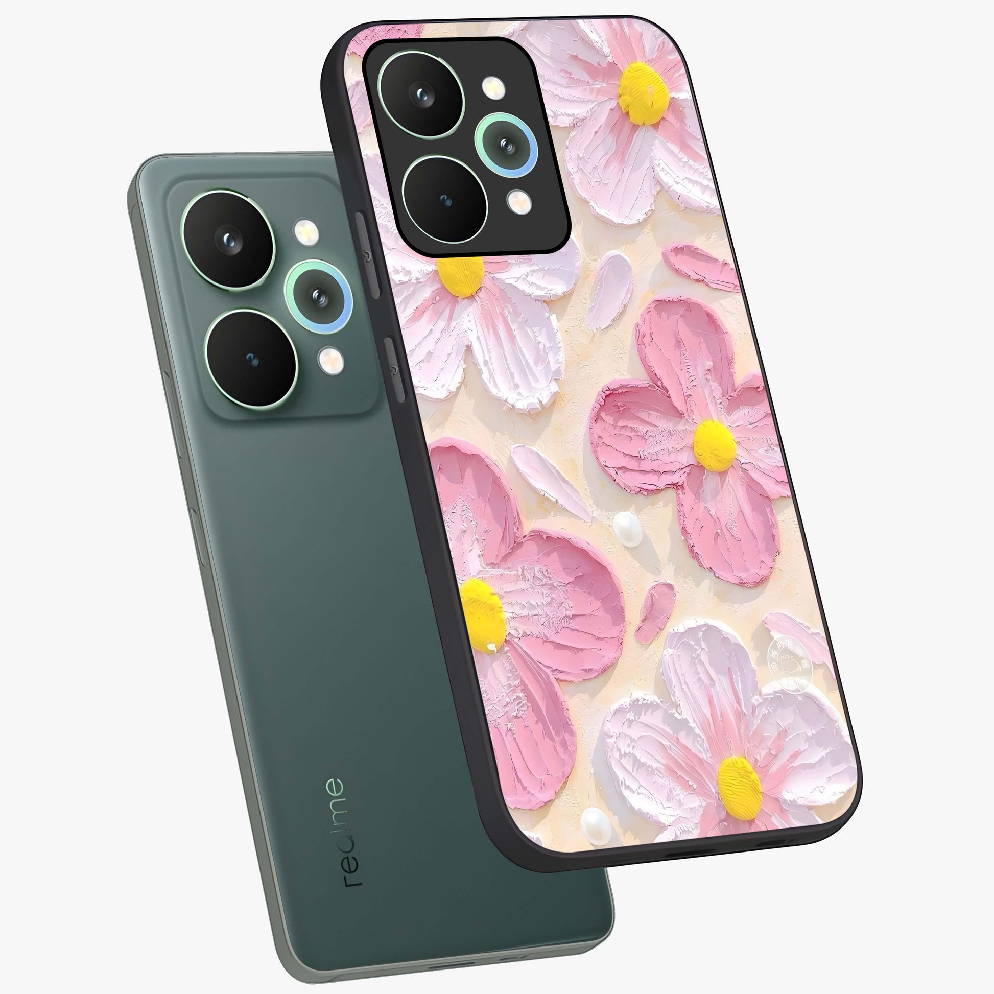 Blush Bloom Texture Glass Case displayed in angled mockup highlighting subtle bloom pattern with aesthetic pastel design.