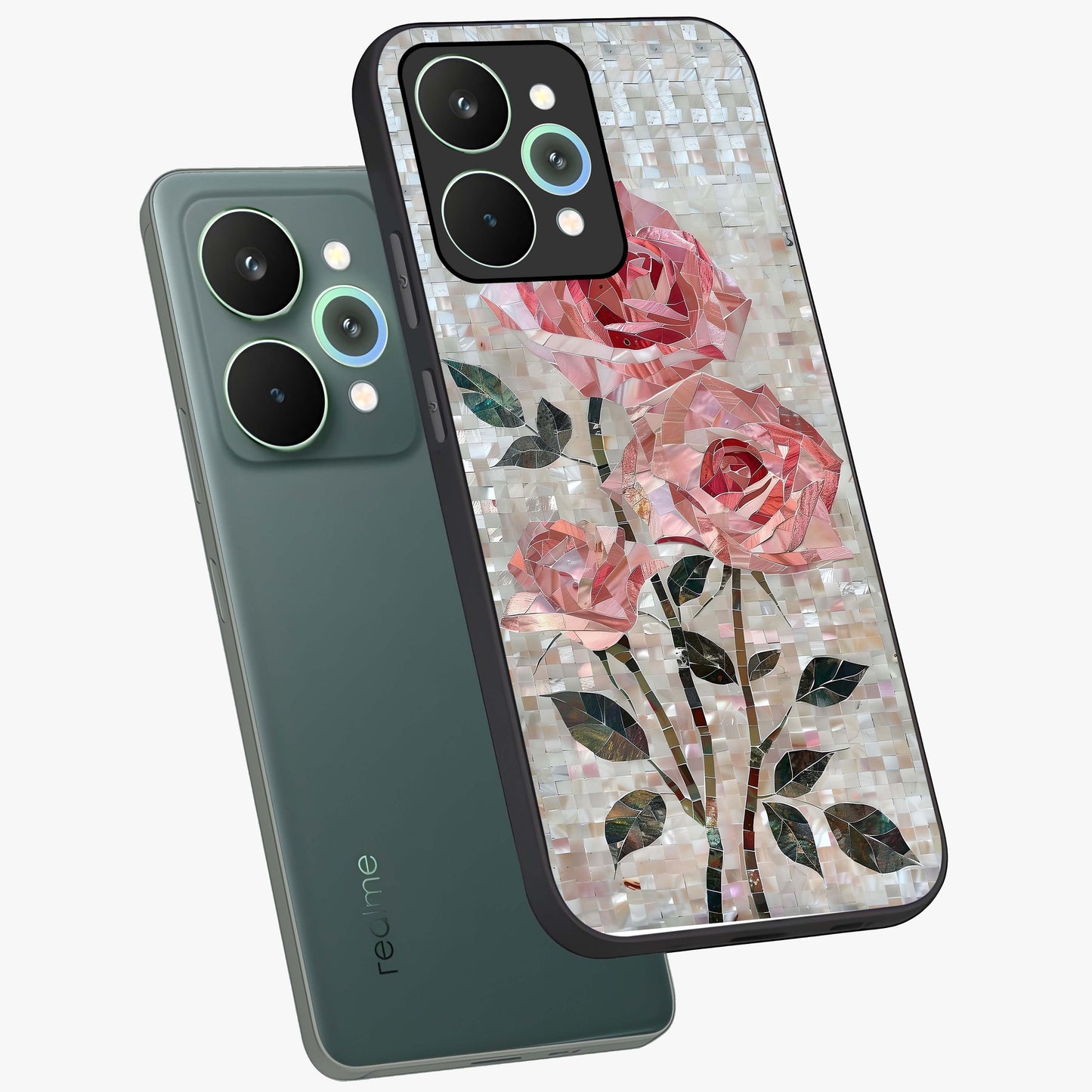 Blush Mosaic Bloom Glass Case displayed in angled mockup highlighting artistic mosaic flower pattern with aesthetic design.