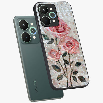 Blush Mosaic Bloom Glass Case displayed in angled mockup highlighting artistic mosaic flower pattern with aesthetic design.