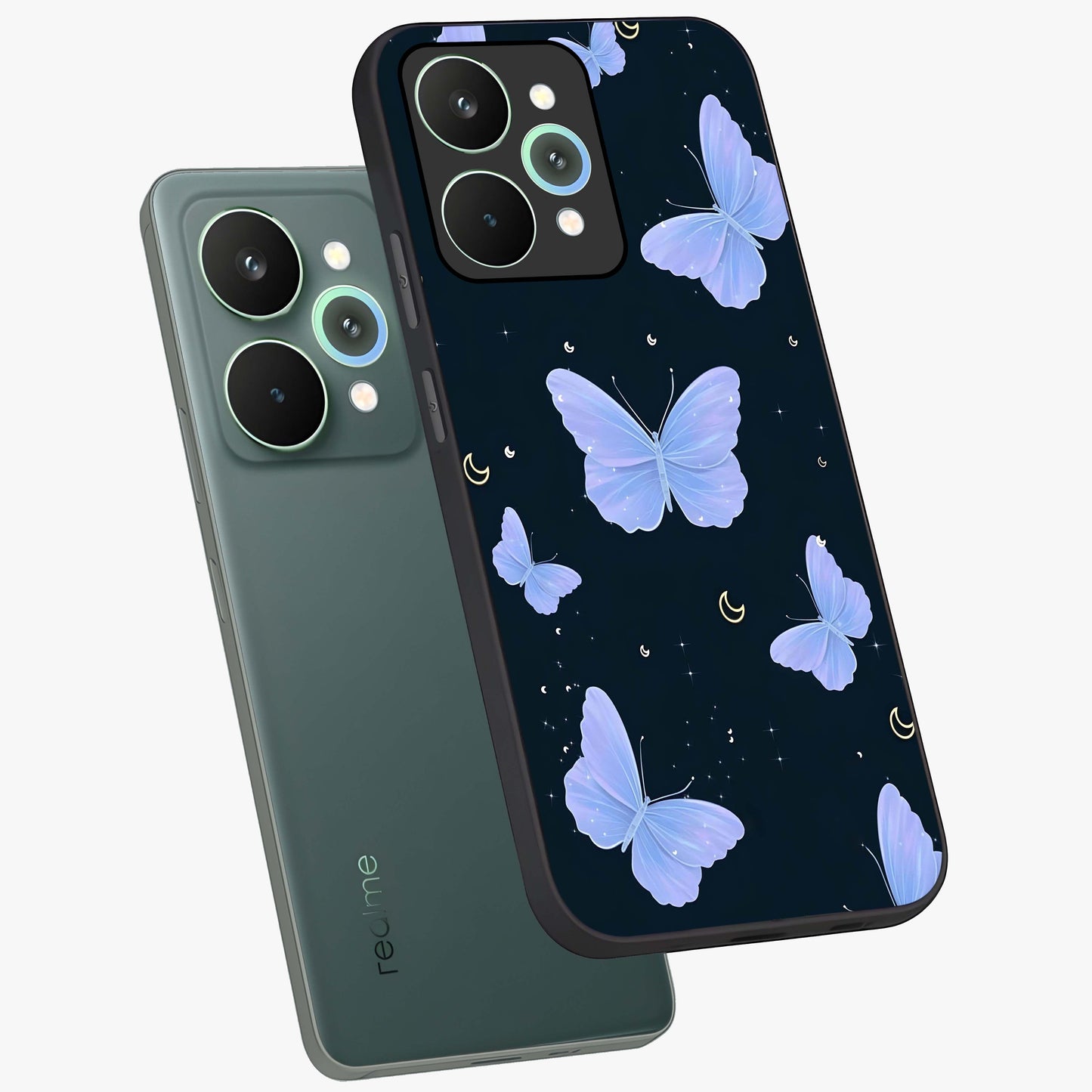 Butterfly With Stars Pattern Glass Case displayed in angled mockup highlighting dreamy butterfly and star design with aesthetic theme.