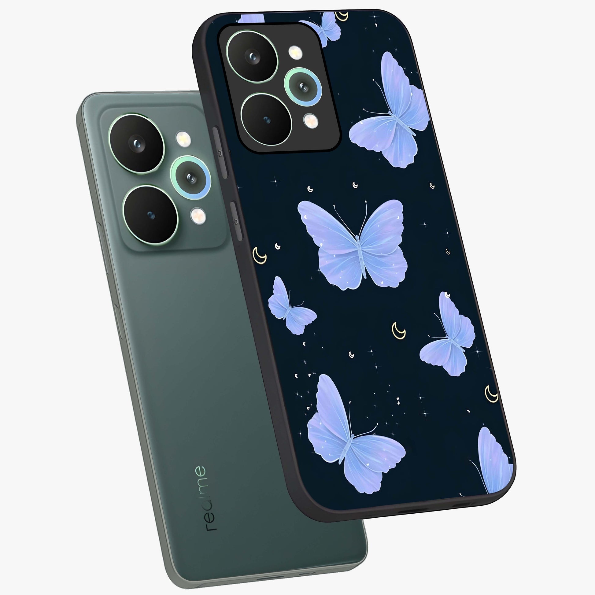 Butterfly With Stars Pattern Glass Case displayed in angled mockup highlighting dreamy butterfly and star design with aesthetic theme.