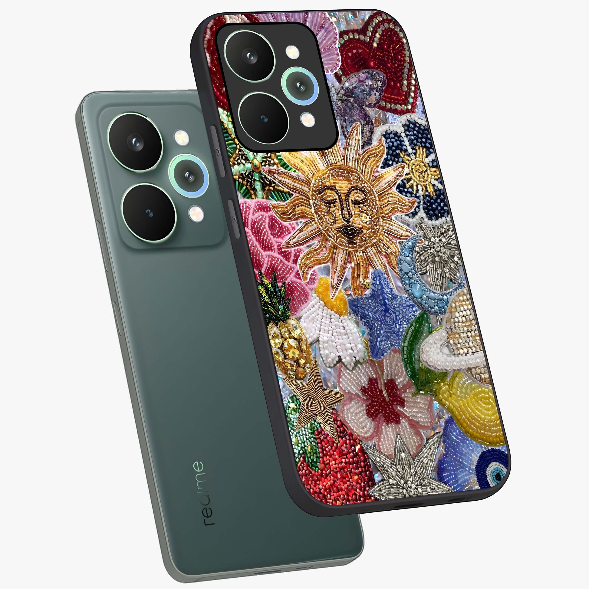 Celestial Floral and Playful Glass Case displayed in angled mockup highlighting playful floral design with dreamy celestial elements.