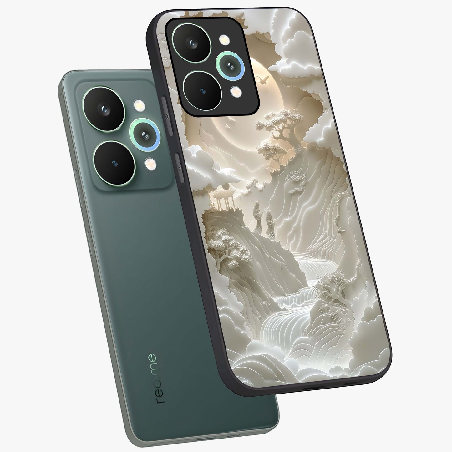 Celestial Origami Glass Case displayed in angled mockup highlighting geometric origami design with cosmic aesthetic theme.