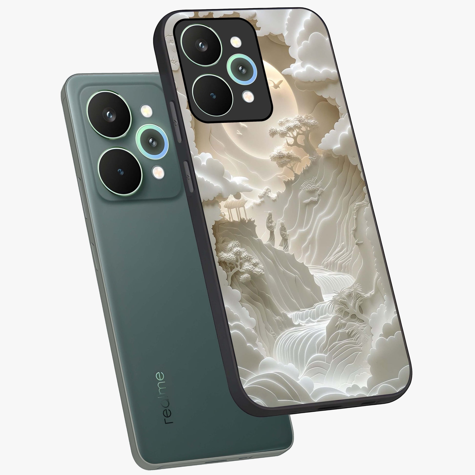 Celestial Origami Glass Case displayed in angled mockup highlighting geometric origami design with cosmic aesthetic theme.