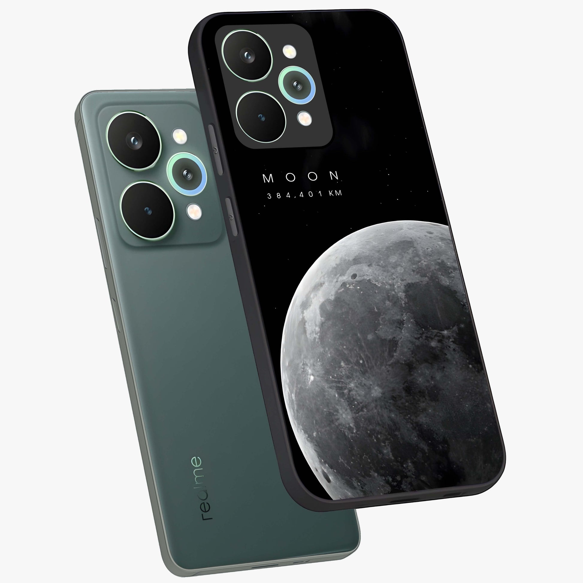 Cosmic Moon Glow Glass Case displayed in angled mockup highlighting celestial moon design with cosmic aesthetic theme.