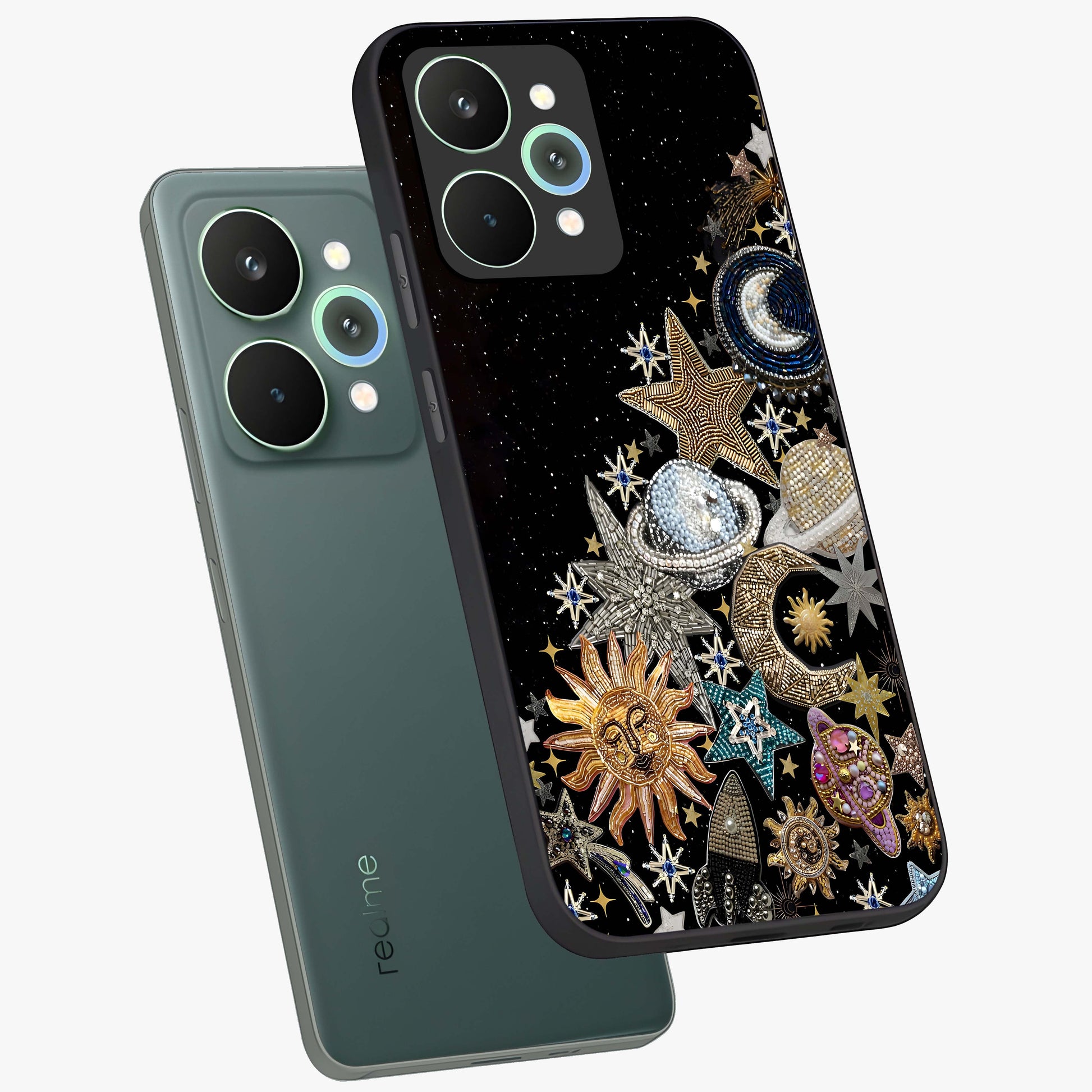 Cosmic Sparkle Dreams Glass Case displayed in angled mockup highlighting dreamy star sparkle design with celestial aesthetic.