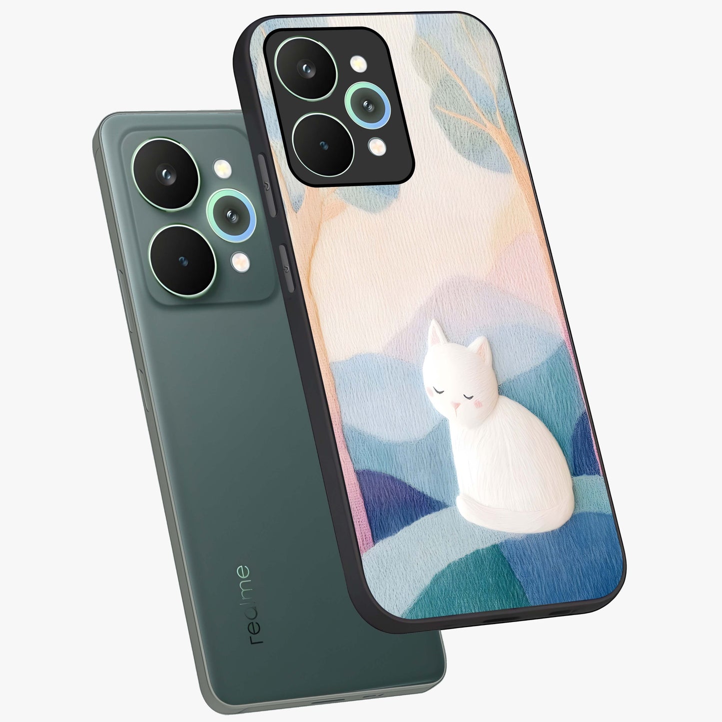 Cotton Dream Cat Glass Case displayed in angled mockup highlighting cute feline illustration with pastel aesthetic style.