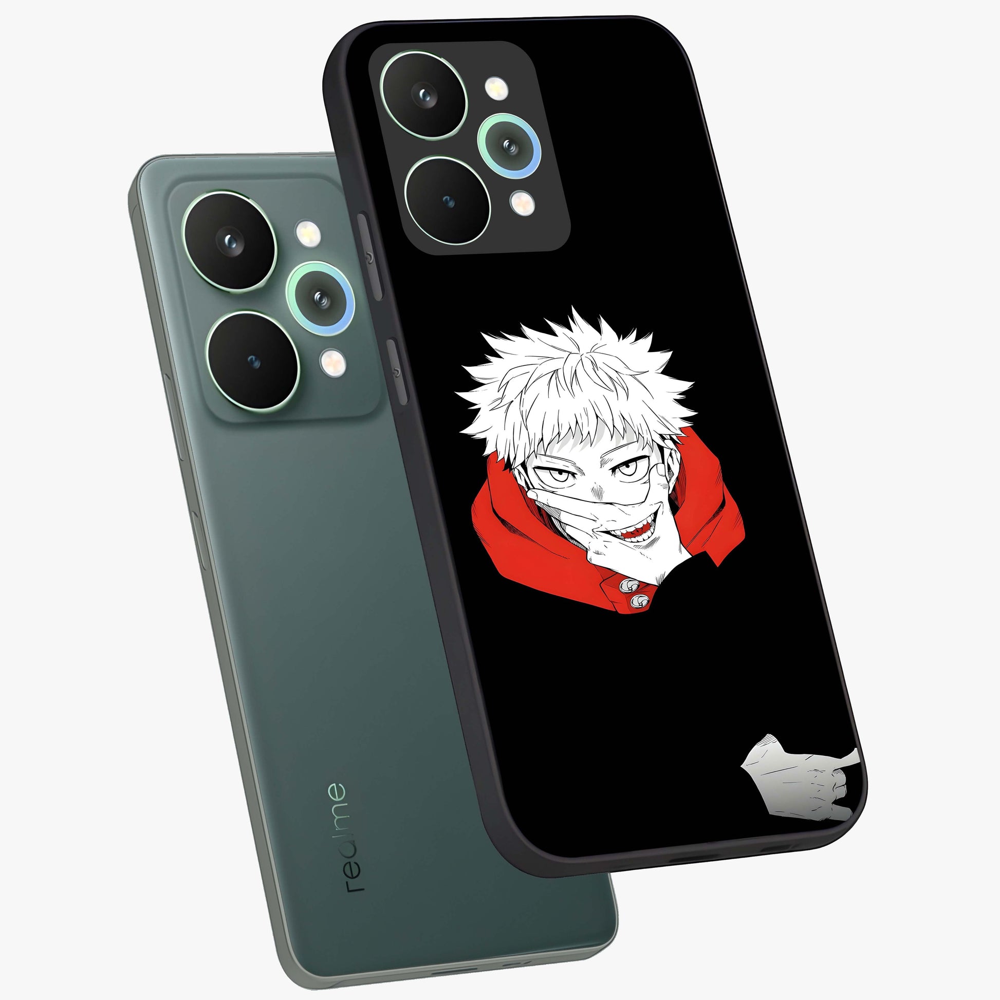 Crimson Chaos Smile Glass Case displayed in angled mockup highlighting edgy crimson smile design with graphic aesthetic.