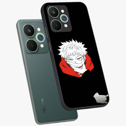 Crimson Chaos Smile Glass Case displayed in angled mockup highlighting edgy crimson smile design with graphic aesthetic.