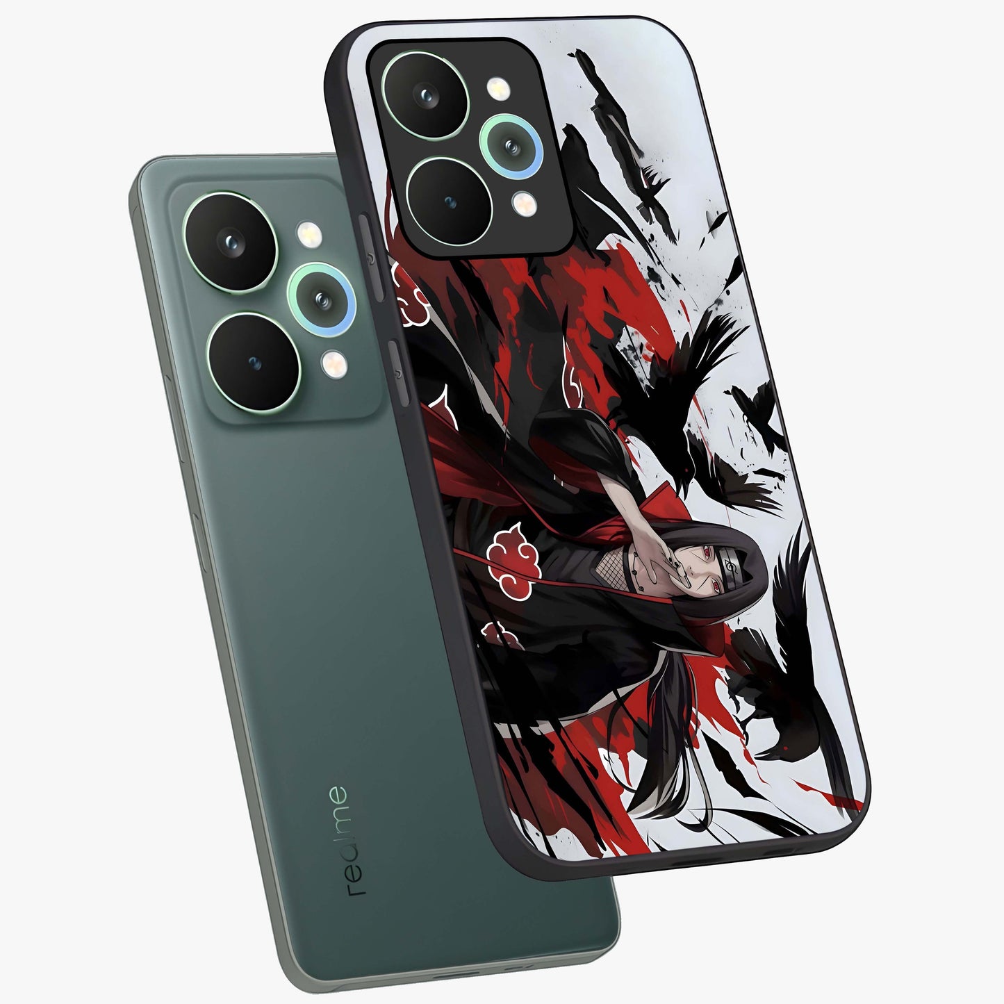 Crimson Crow Illusion Glass Case displayed in angled mockup highlighting mysterious crow graphic with dark aesthetic style.