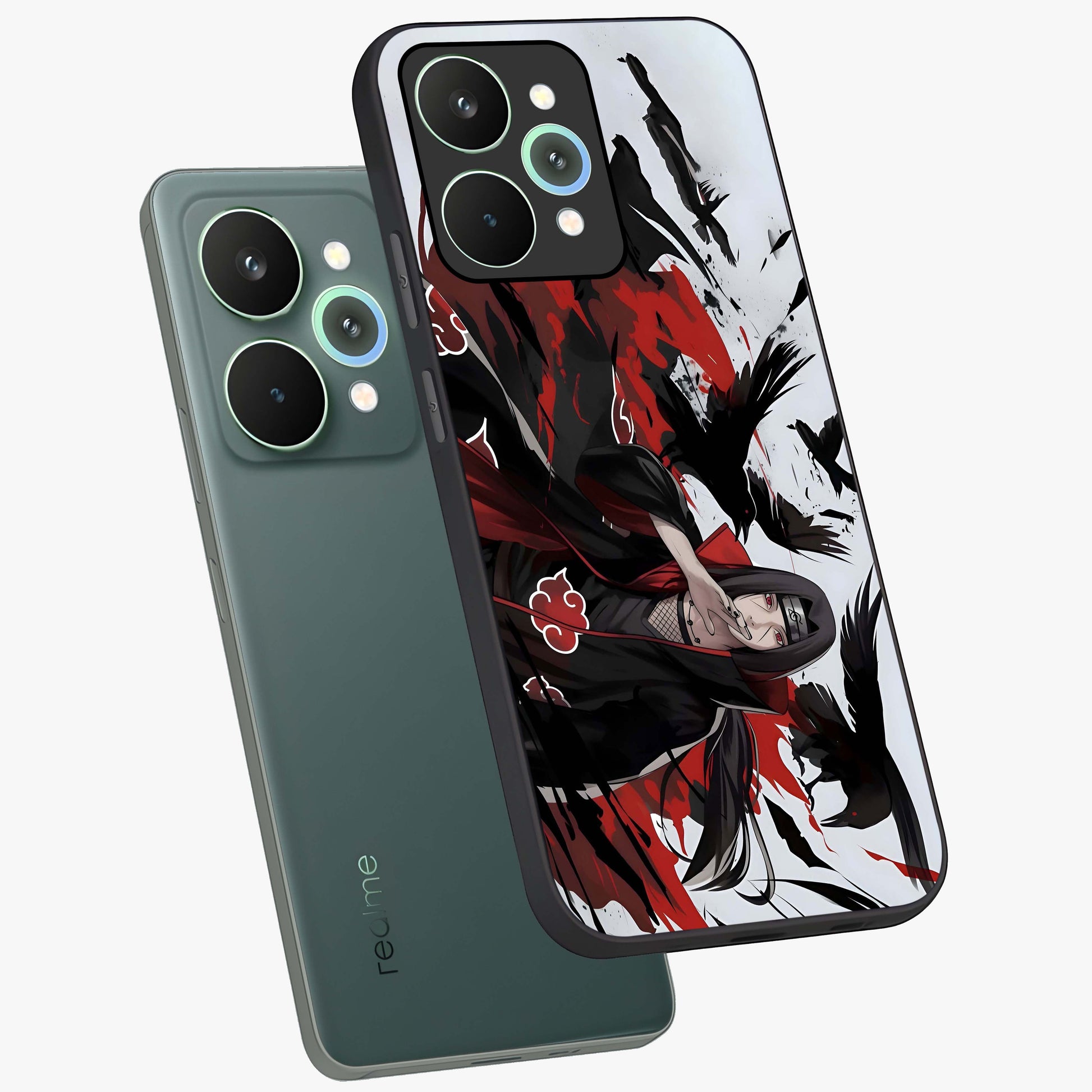 Crimson Crow Illusion Glass Case displayed in angled mockup highlighting mysterious crow graphic with dark aesthetic style.