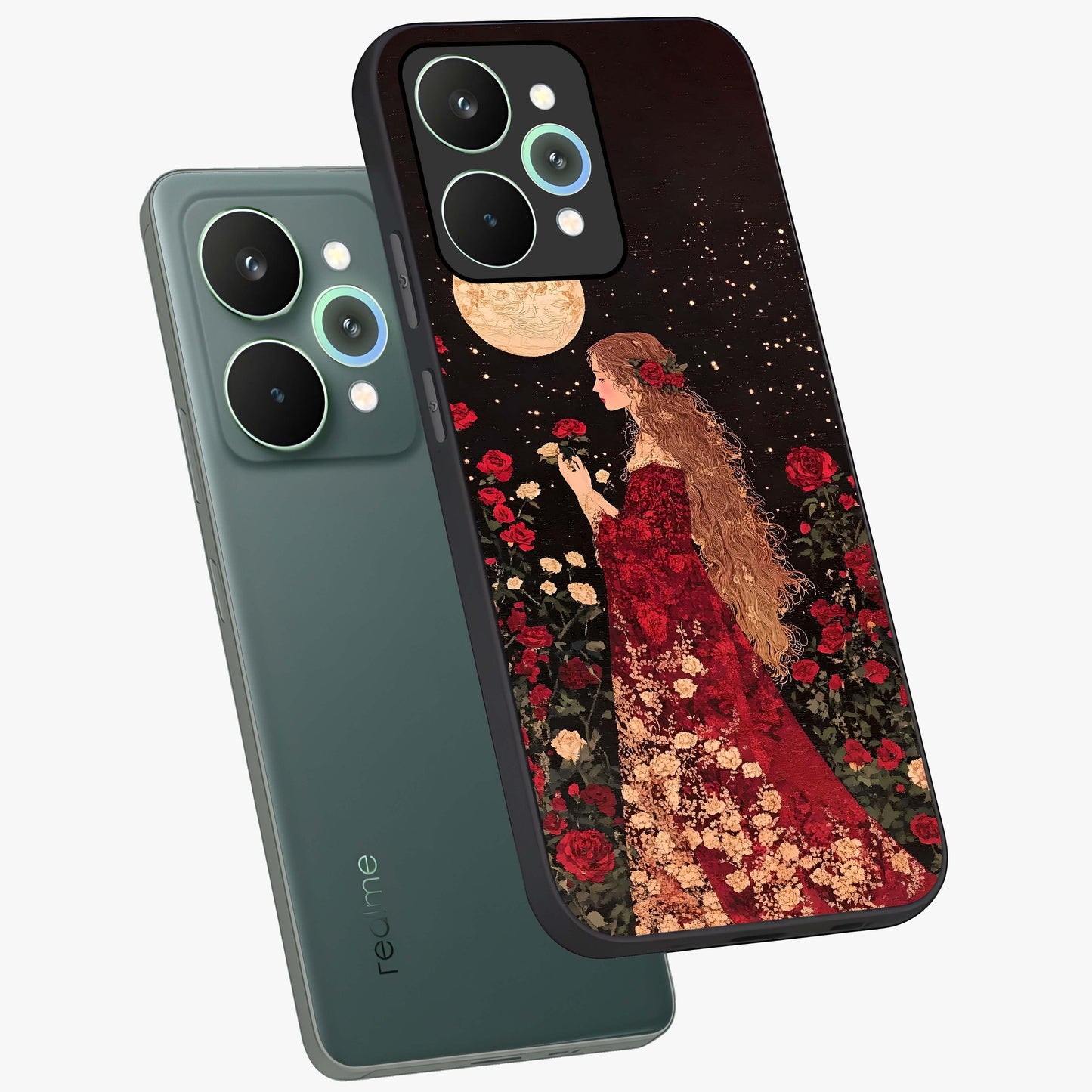 Crimson Dreams Glass Case displayed in angled mockup highlighting soft crimson aesthetic design with artistic theme.