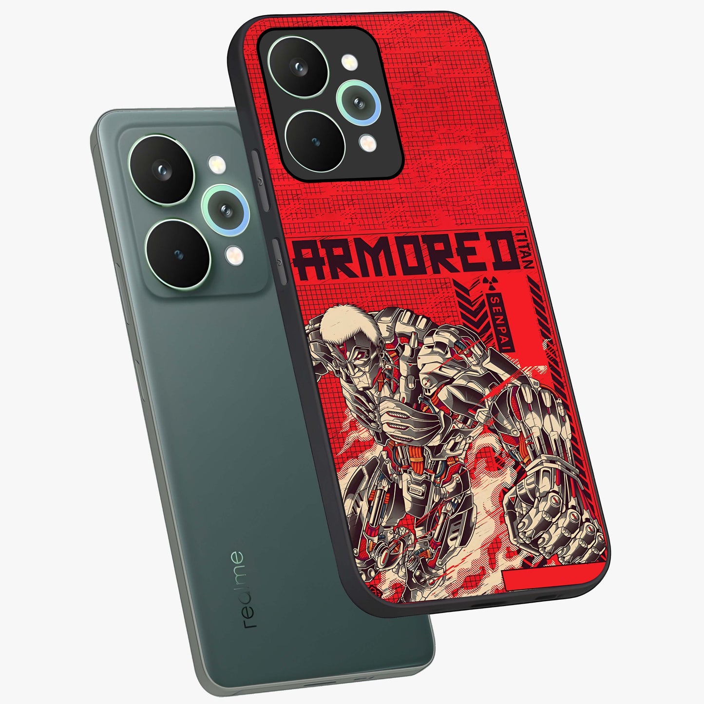 Crimson Mecha Titan Glass Case displayed in angled mockup highlighting futuristic mech illustration with bold crimson aesthetic.