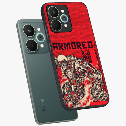 Crimson Mecha Titan Glass Case displayed in angled mockup highlighting futuristic mech illustration with bold crimson aesthetic.