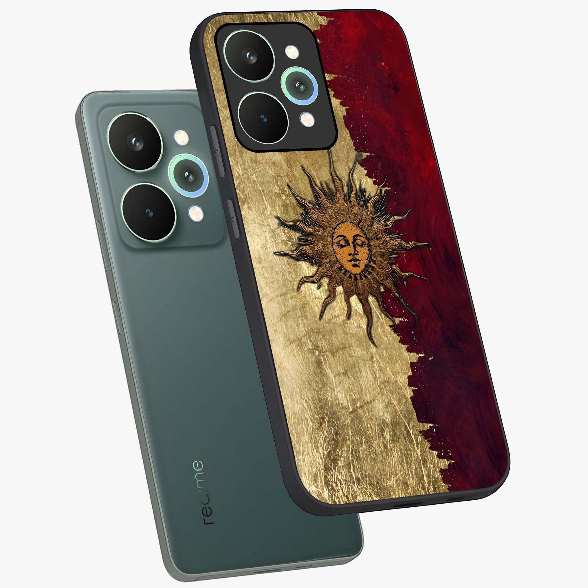 Crimson Sun Majesty Glass Case displayed in angled mockup highlighting majestic crimson sun design with bold aesthetic style.