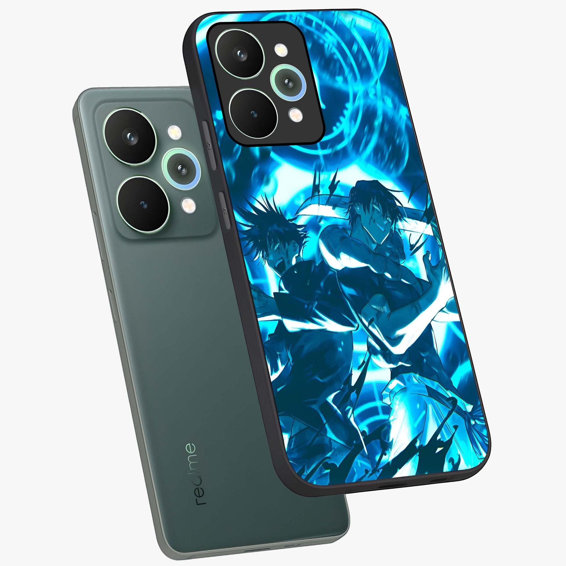 Cursed Energy Clash Glass Case displayed in angled mockup highlighting powerful battle inspired graphic with anime style aesthetic.