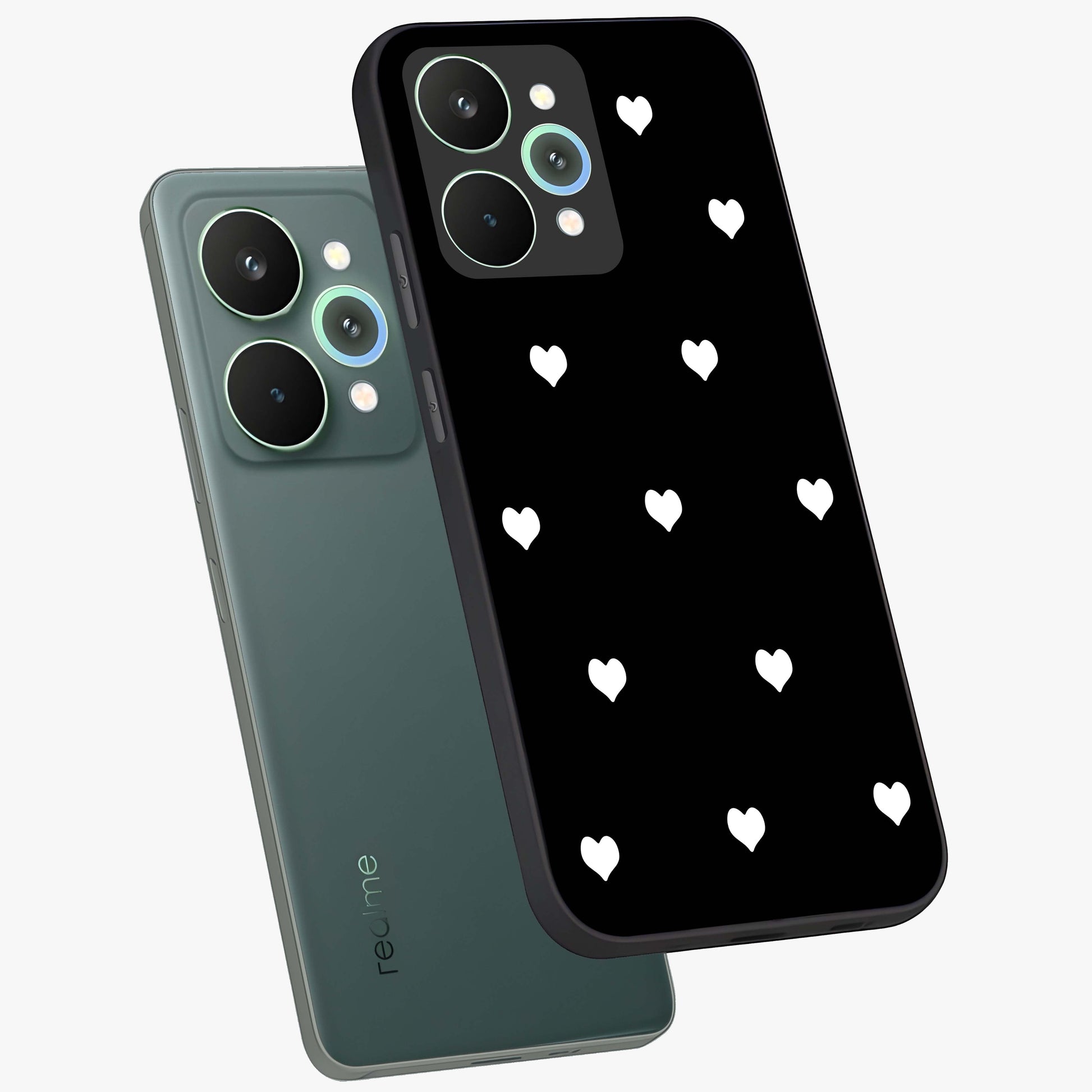 Cute And Simple White Hearts Glass Case displayed in angled mockup highlighting cute heart design with clean aesthetic style.