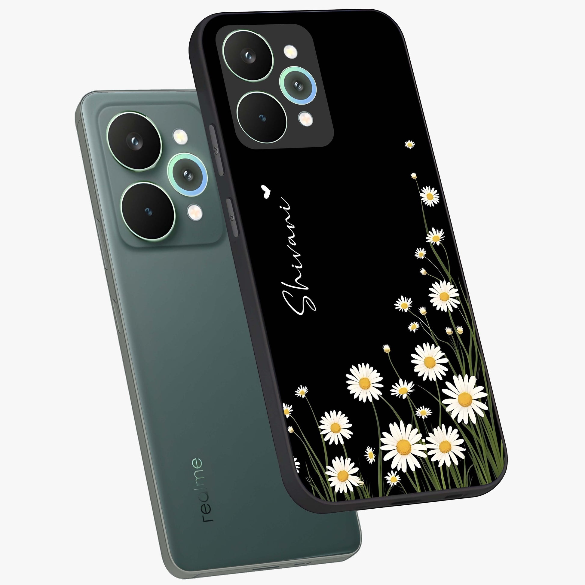 Daisy Cascade Custom Name Glass Case displayed in angled mockup highlighting delicate daisy artwork with custom name feature.