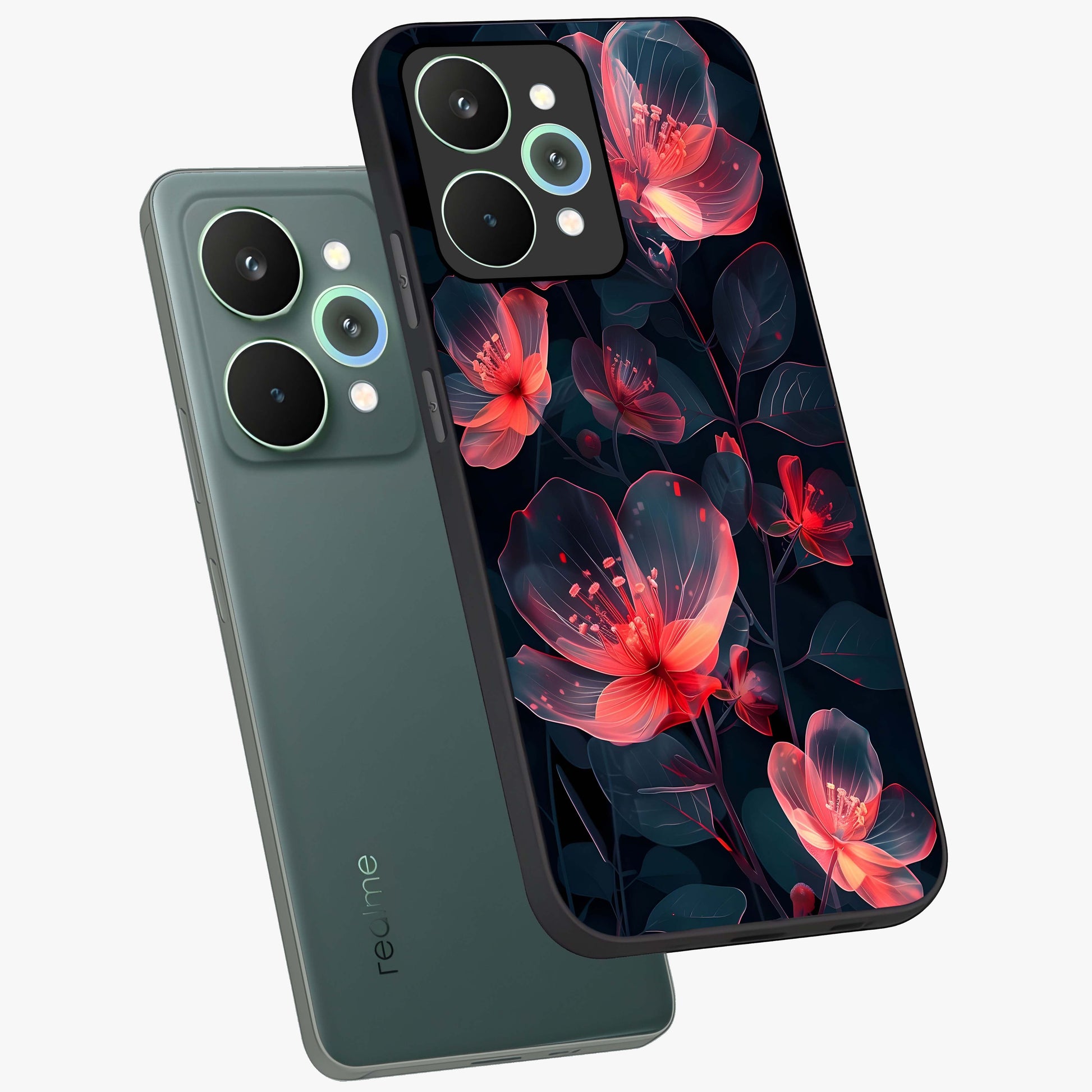 Dark Shade of Flower Glass Case displayed in angled mockup highlighting moody floral illustration with aesthetic dark tones.