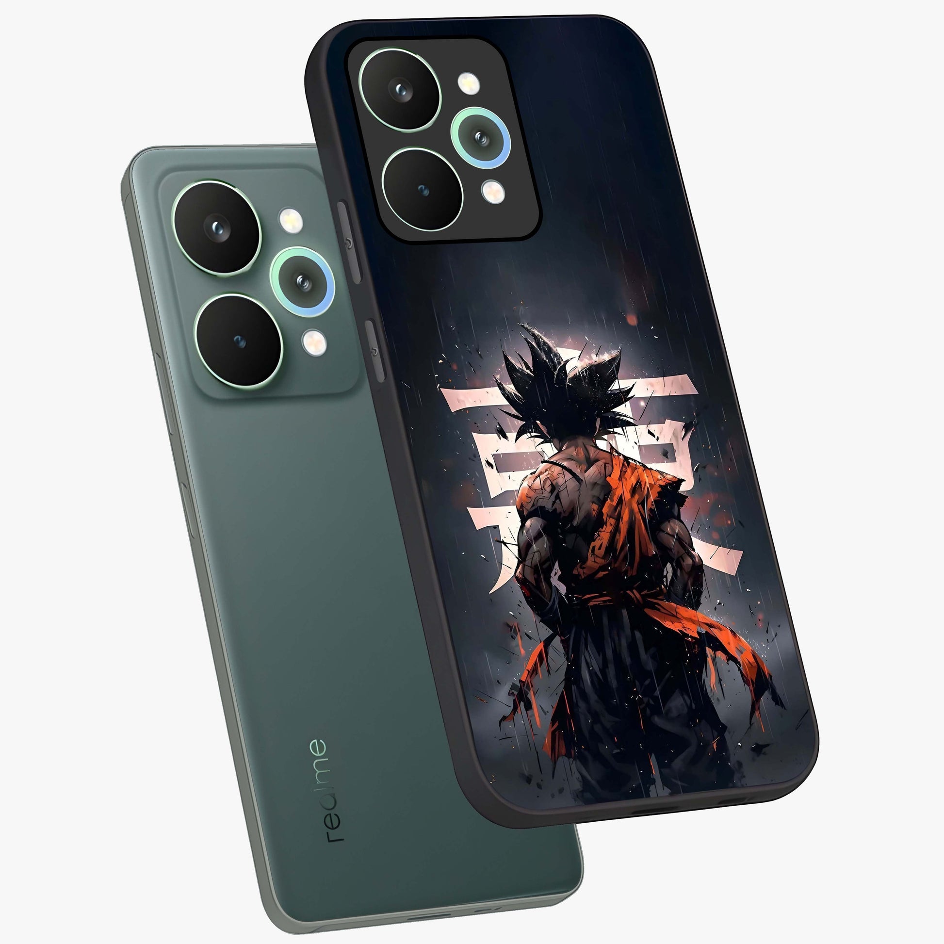 Dark Warrior In Rain Glass Case displayed in angled mockup highlighting dramatic warrior illustration with dark rain aesthetic.