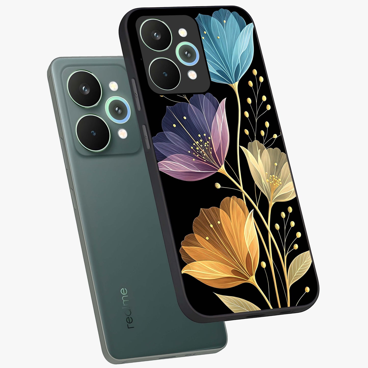 Delicate Multicolor Flowers Glass Case displayed in angled mockup highlighting colorful flower pattern with soft aesthetic style.