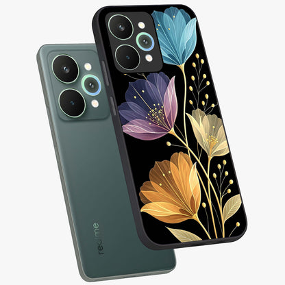 Delicate Multicolor Flowers Glass Case displayed in angled mockup highlighting colorful flower pattern with soft aesthetic style.