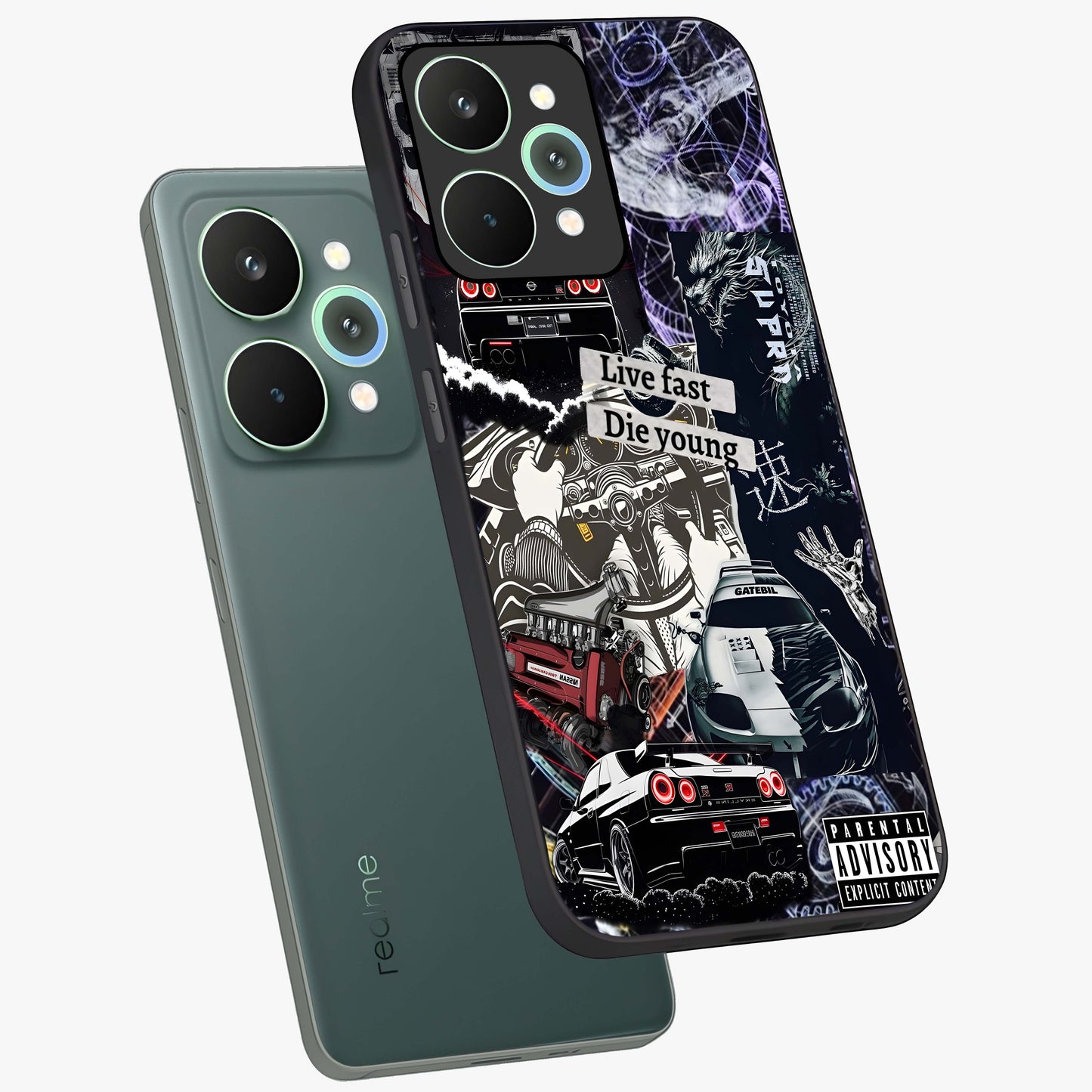 Die Young Glass Case displayed in angled mockup highlighting expressive graphic artwork with edgy aesthetic style.