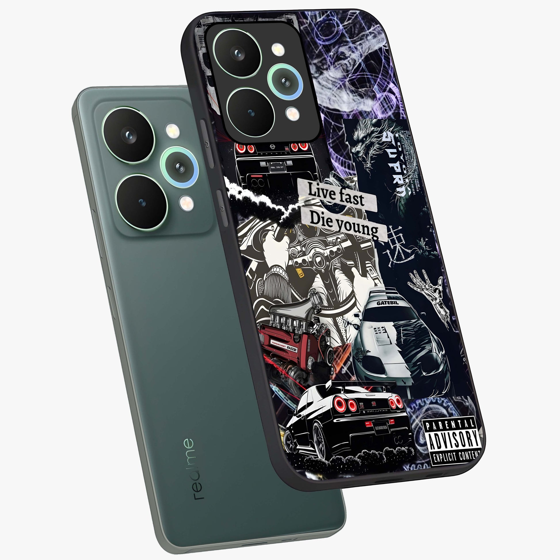 Die Young Glass Case displayed in angled mockup highlighting expressive graphic artwork with edgy aesthetic style.